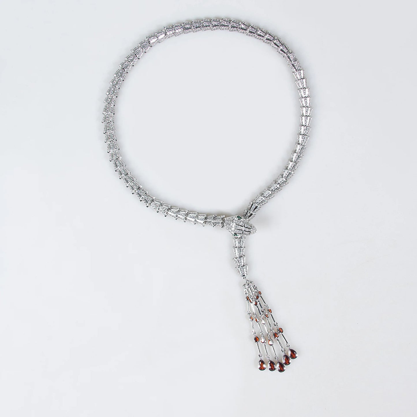 Luxury Pear-Cut Zirconia Snake Tassel Necklace & Earrings Bridal Set — Rhodium Plated
