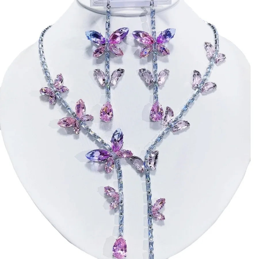 K050 High End European Fashion Luxury Exquisite Pink Zircon Butterfly Necklace and Earrings Set Women Classic Jewelry Set