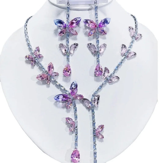 K050 High End European Fashion Luxury Exquisite Pink Zircon Butterfly Necklace and Earrings Set Women Classic Jewelry Set