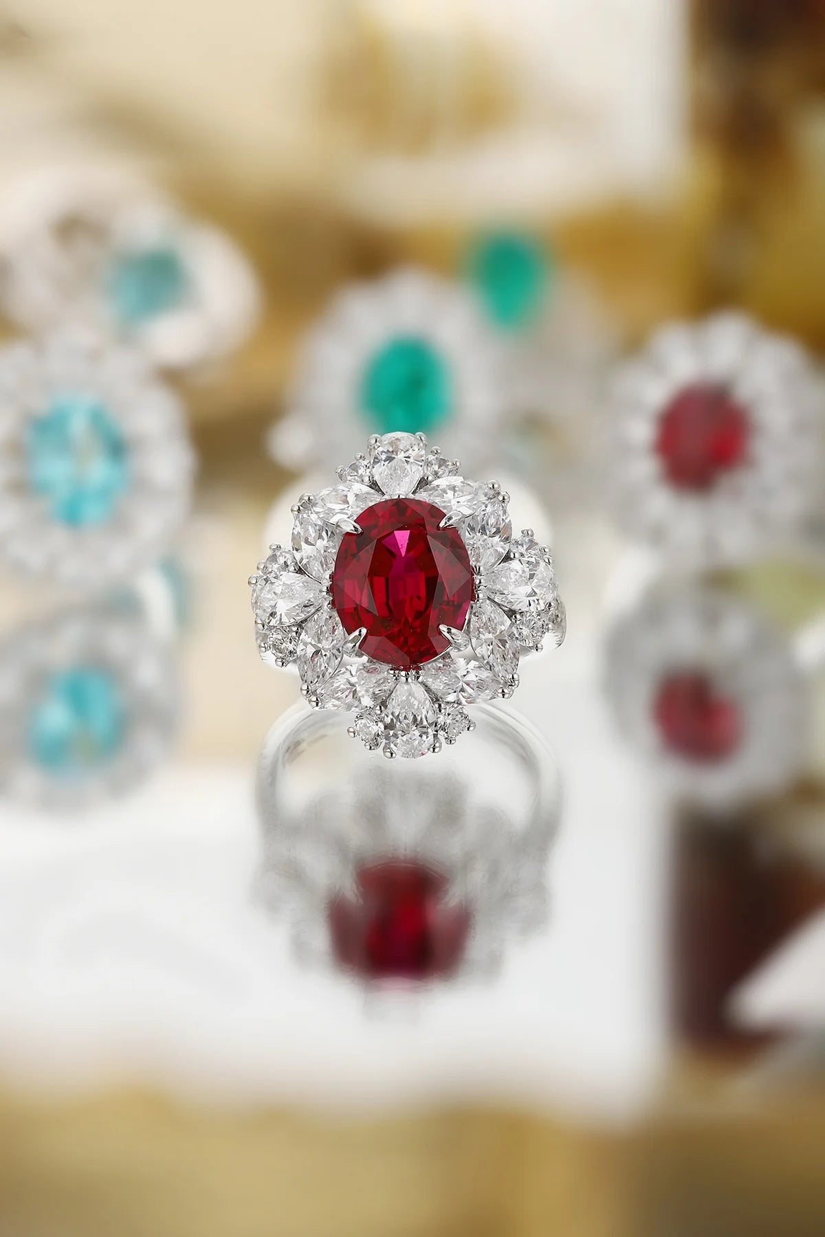 Gemfiori Anster Oval Cut Lab Created Diamonds and Ring S925 Sterling Silver Lab Grown Ruby Women Ring