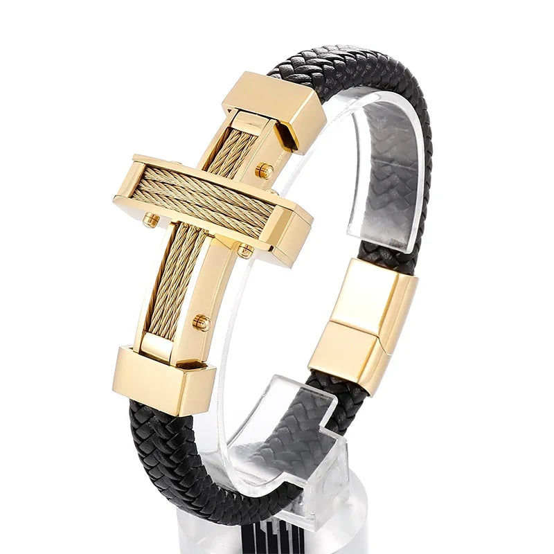 KALEN 215mm Trendy Silver/Gold/Black/Grey Cowhide Leather Bracelet With Stainless Steel Cross