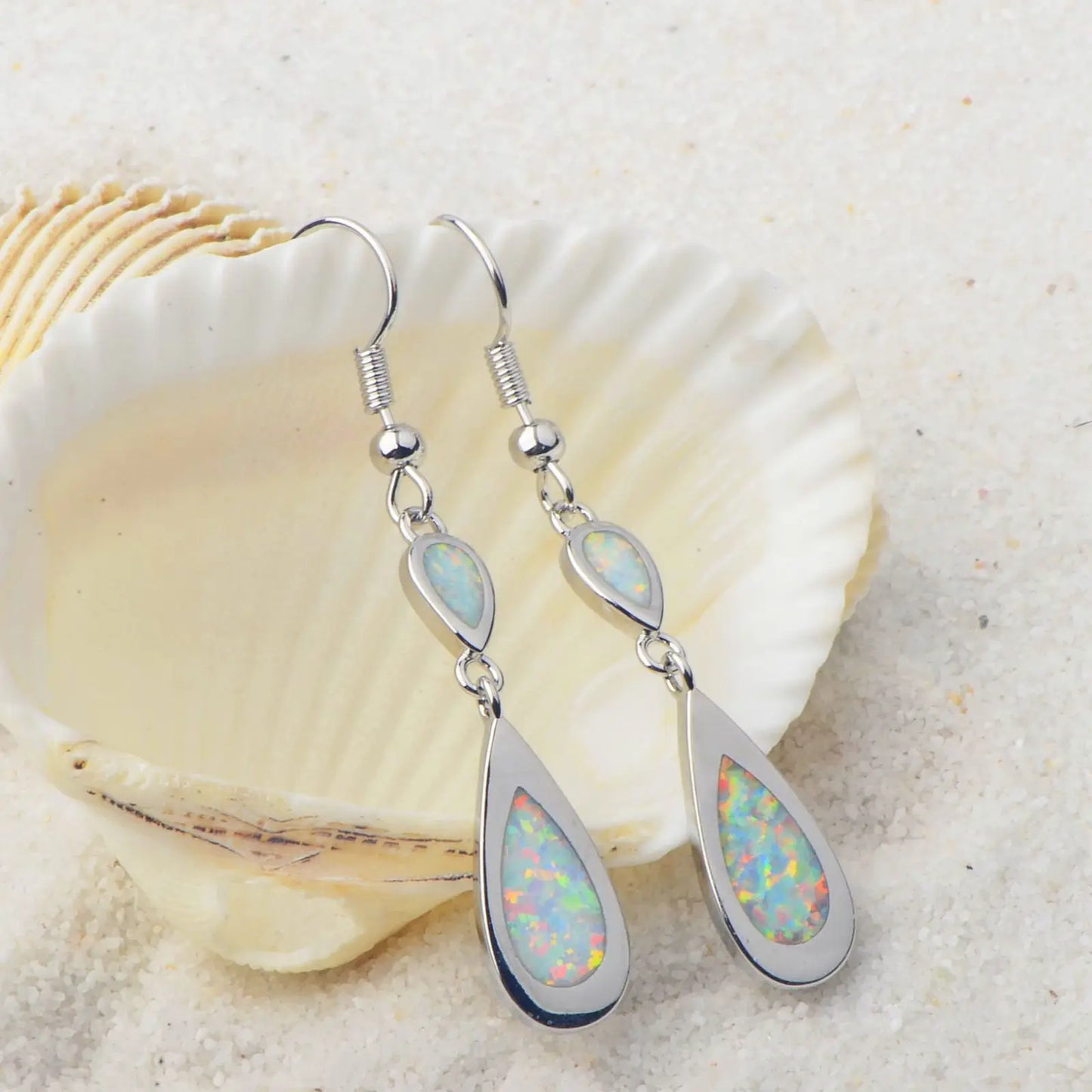 Layered Teardrop Opal Drop Earrings - Iridescent Opal Double-Drop Design | Elegant Daily Jewelry Bulk Gifts