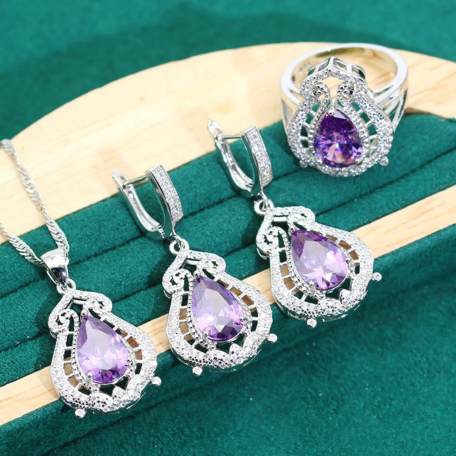 XOTICA 2024 New Purple Zirconia 925 Silver Women's Jewelry Sets Wedding Earrings Rings Pendant Necklace-for Parties Engagements