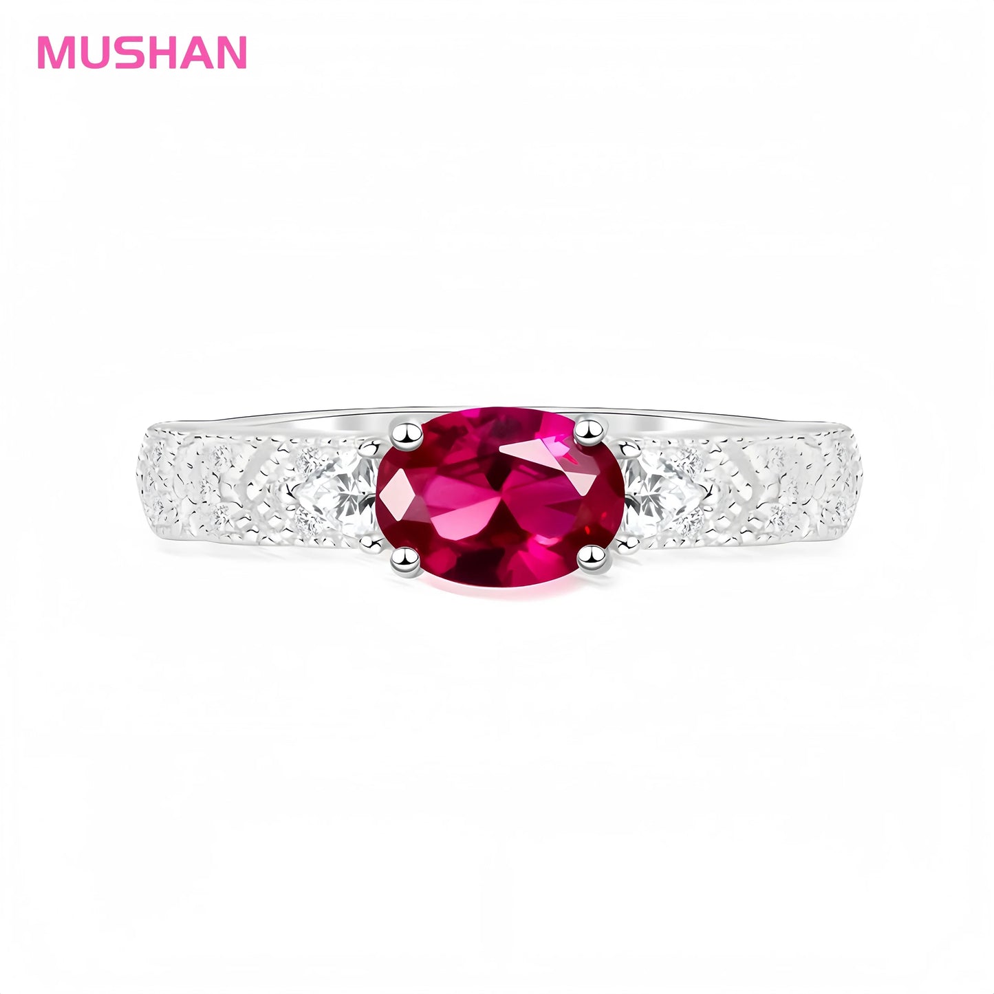 MUSHAN Jewelry Factory 5*7mm Simple 1ct Red and Blue Green Lab Grown Gemstones Ring Women Wedding Band 925 Sterling Silver Rings