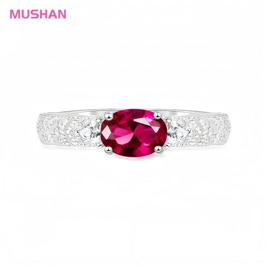 MUSHAN Jewelry Factory 5*7mm Simple 1ct Red and Blue Green Lab Grown Gemstones Ring Women Wedding Band 925 Sterling Silver Rings