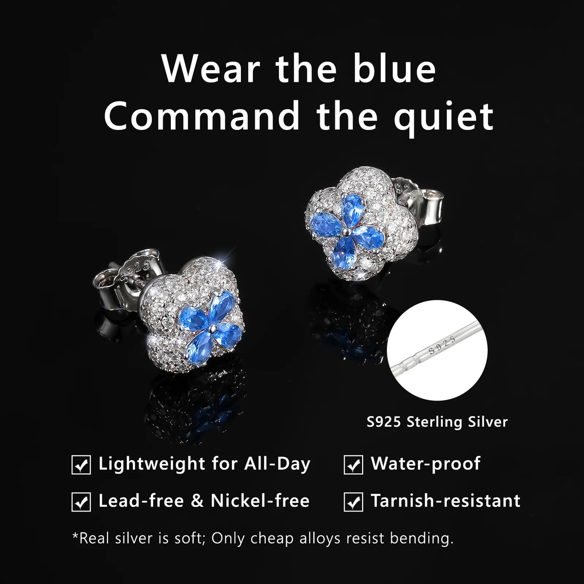 REBEL Blue CZ Stud Earring Simulated Sapphire Hip Hop Jewelry 14K Gold Plated 925 Sterling Silver Hypoallergenic Iced Out Earring