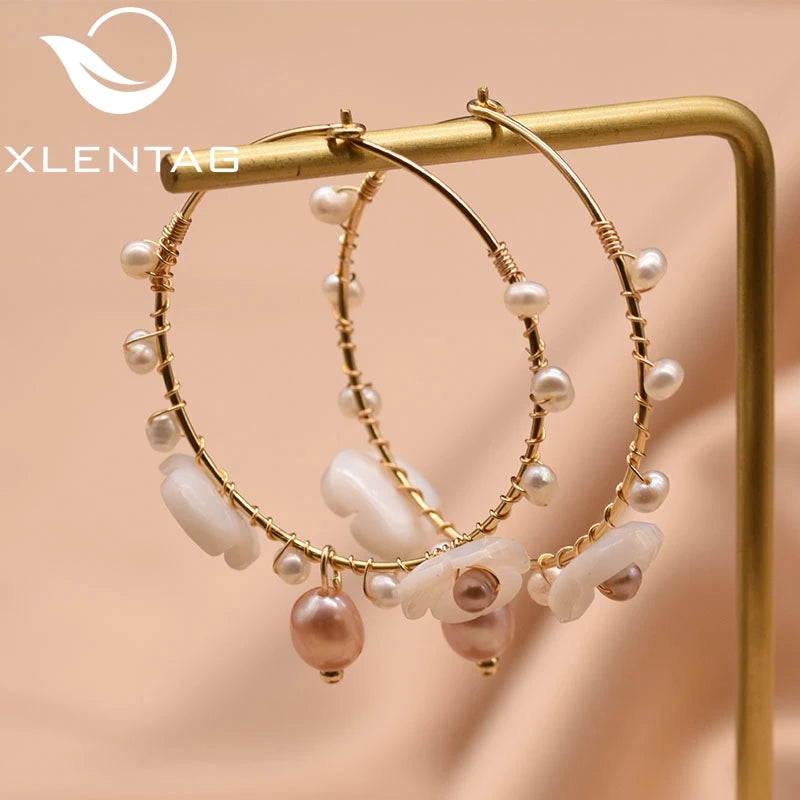 925 Sterling Silver Flower Natural Fresh Water Pearl Hoop Big Earrings for Women Wedding Gift