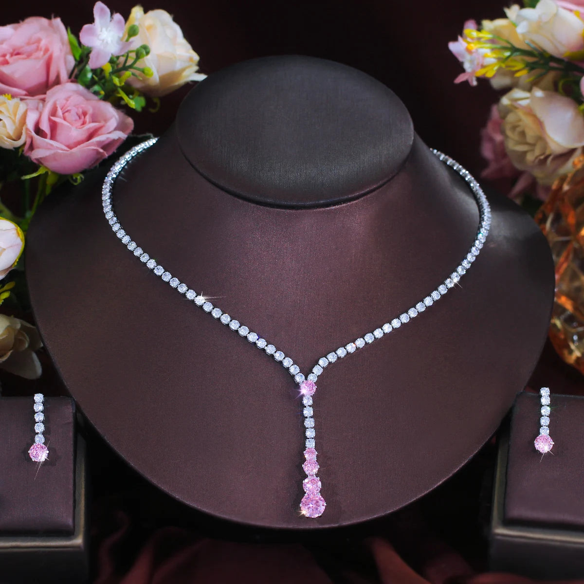 Charming CZ Jewelry Set Long Round Tennis Brilliant Cut Pink Zircon Necklace Earring Rhodium Plated CZ Women Wedding Jewelry Set