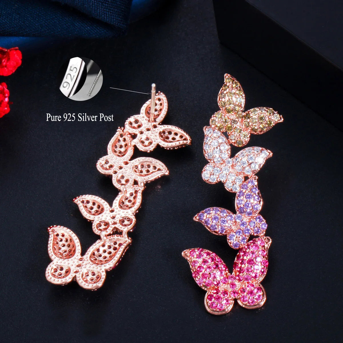 S&S Colourful Butterfly Micro Pavé CZ Dangle Drop Earrings – Rose Gold – 925 Silver Pin – Collection