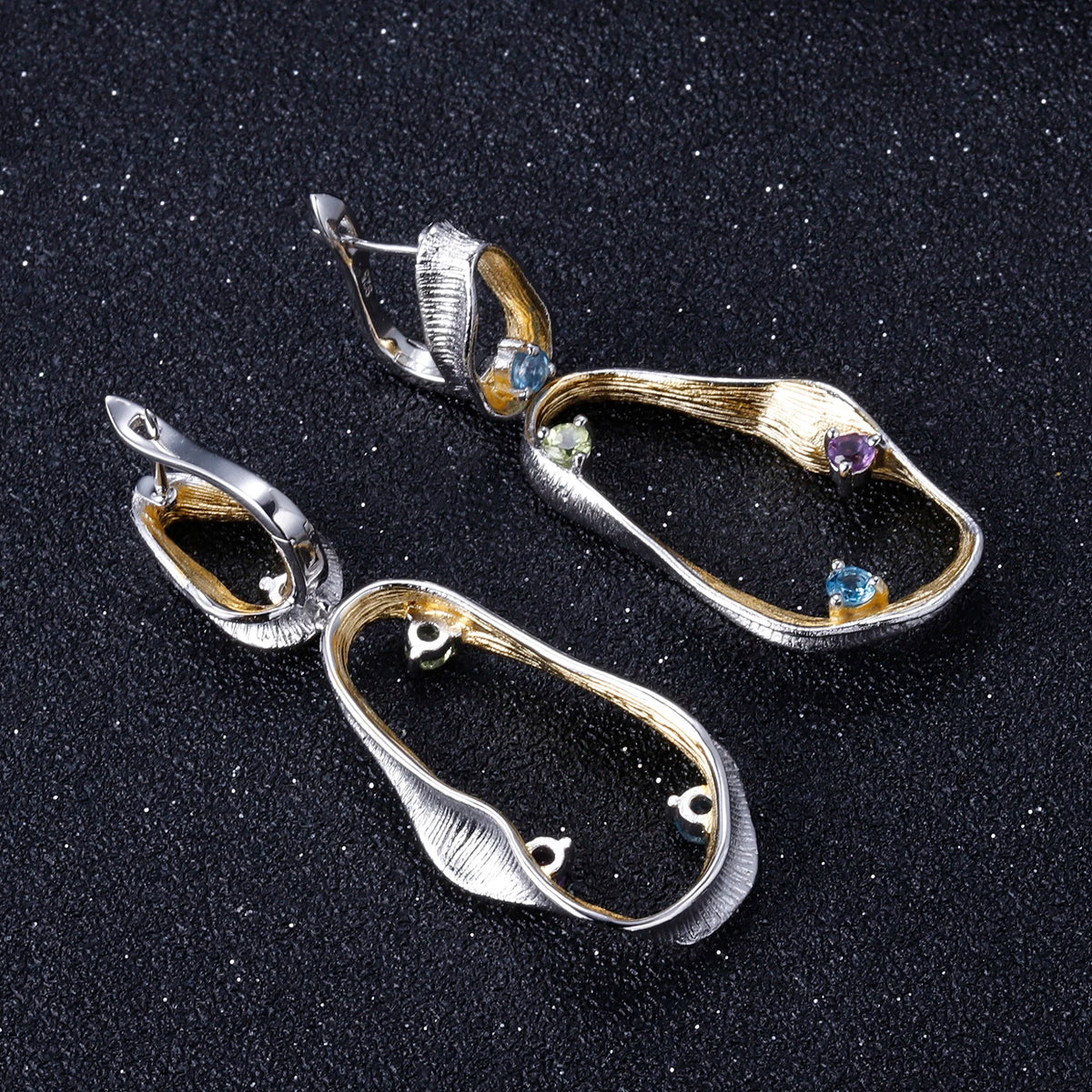 ArtistA Hot Sale S925 Real Silver Natural Peridot Amethyst Topaz Mixed Gemstone Necklace Pendant Earring Ring Jewelry Sets for Women