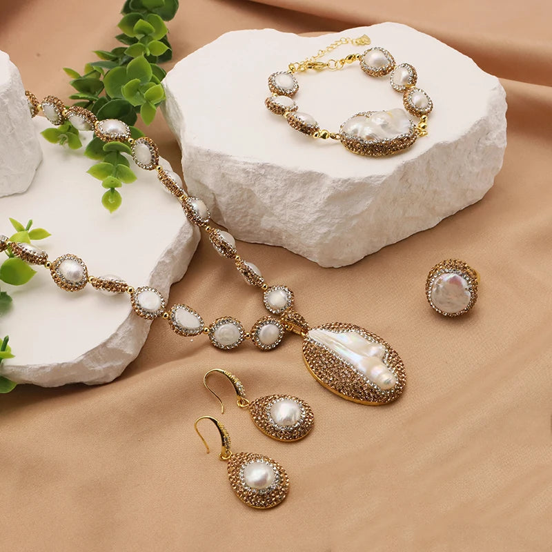 XOTICA Natural Baroque Pearl 18K Gold Plated Women's Gift Jewelry Necklace Bracelet Earrings Fashion Designer Jewelry Set