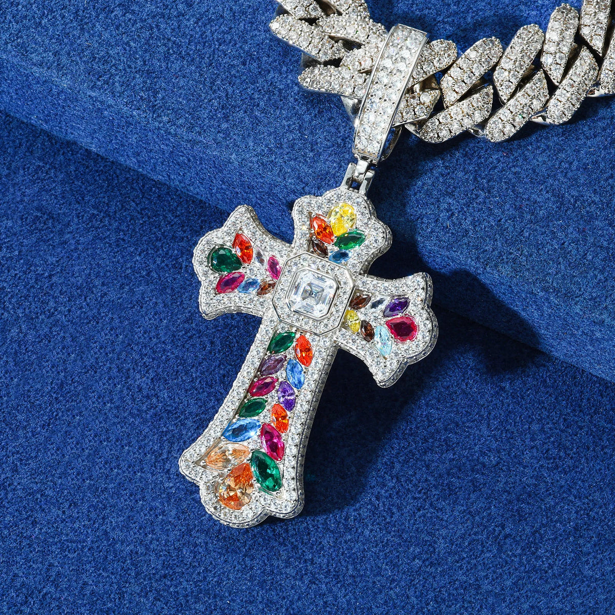 REBEL High Quality Multi Color Gemstone Iris Cross Pendant White Gold Plated Brass AAAAA CZ Diamond Iced Out Cross Charm Necklace
