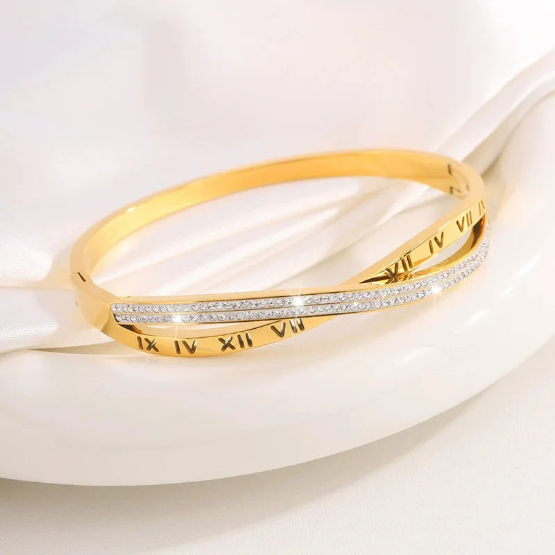 REBEL Stainless Inoxydable Stainless Steel 18K Gold Plated Roman Women Fashion Jewelry Bracelets Bangles