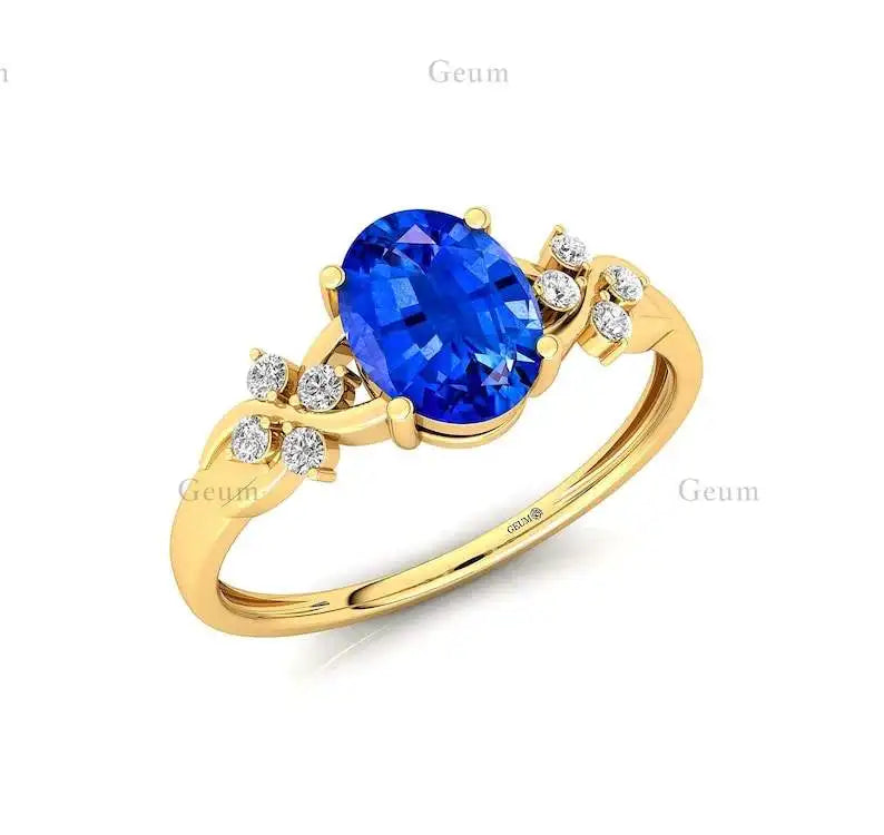 18K Gold Oval Blue Sapphire Gemstone Natural Diamond Halo Solitaire Wedding Ring IGI Certified 0.12Ct 8 Diamonds Rhodium Plated
