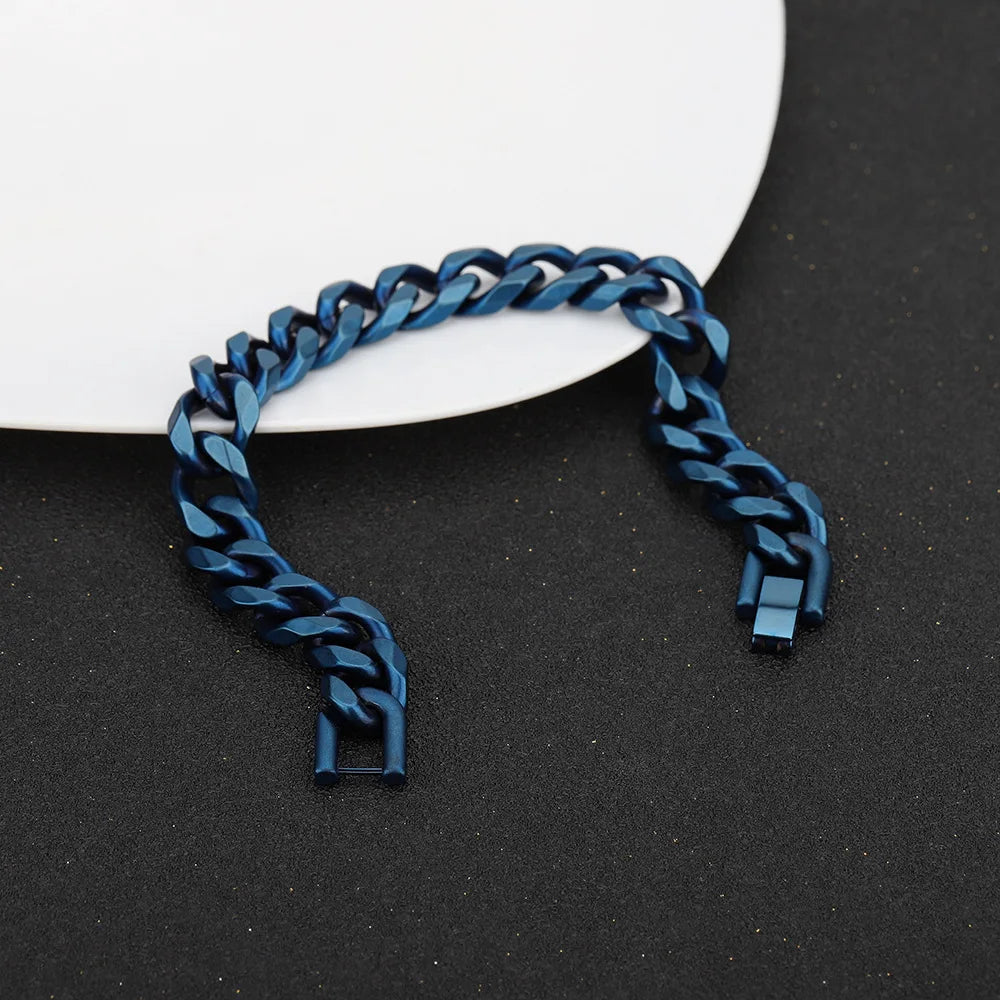 REBEL Duyizhao Vintage Stainless Steel Men's Charm Bracelet New European American Hip Hop Royal Blue Cowboy Cuban Rhodium Plated