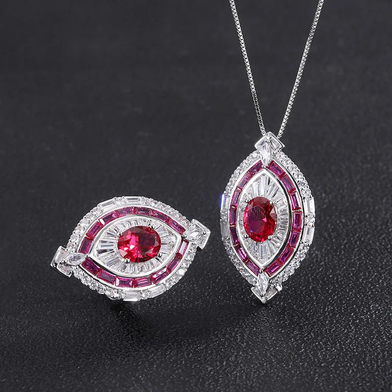 Fashion Jewelry Eco-friendly Copper 8*10MM Red Zircon Women's Insert Design Ring and Necklace Combo Set for Valentine's Day Gift