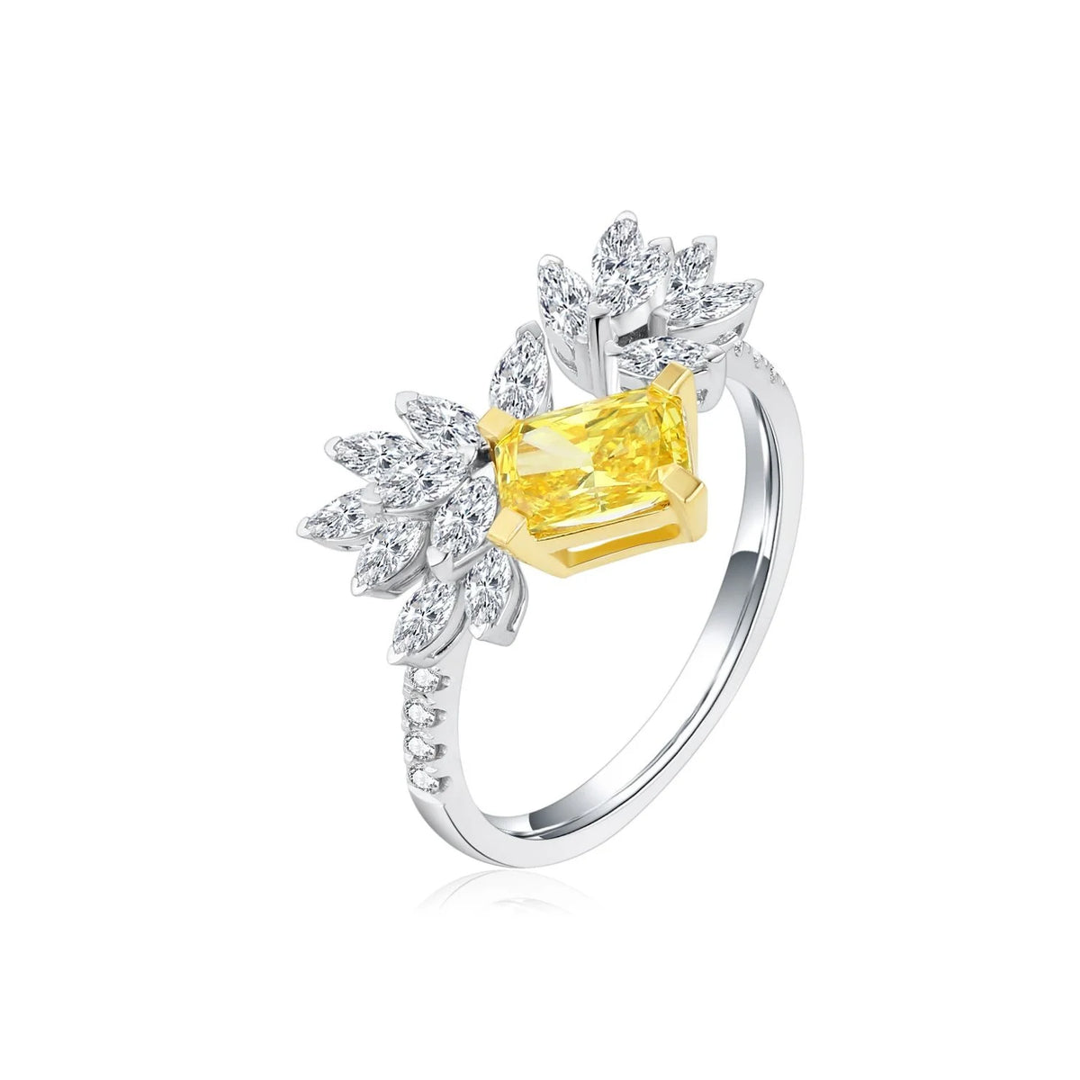 Gioiellieri Abiding Bespoke Open Ring Yellow & White Moissanite 925 Sterling Silver Fancy Marquise & Radiant Cut Adjustable Ring for Ladies