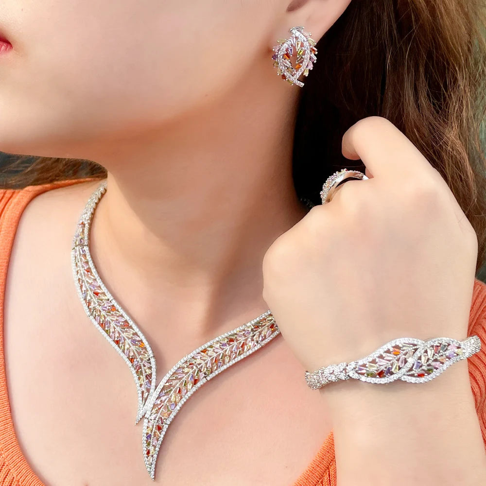 4Piece UAE Women Unique Leaf Shape African Multi Color CZ Necklace Earring Luxury Statement Wedding Party Jewelry Set for Brides