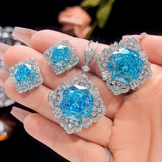 Gemfiori Luxury Korean Style Necklace Ring Earring Sea Blue Zircon French Retro Women's Elegant Set