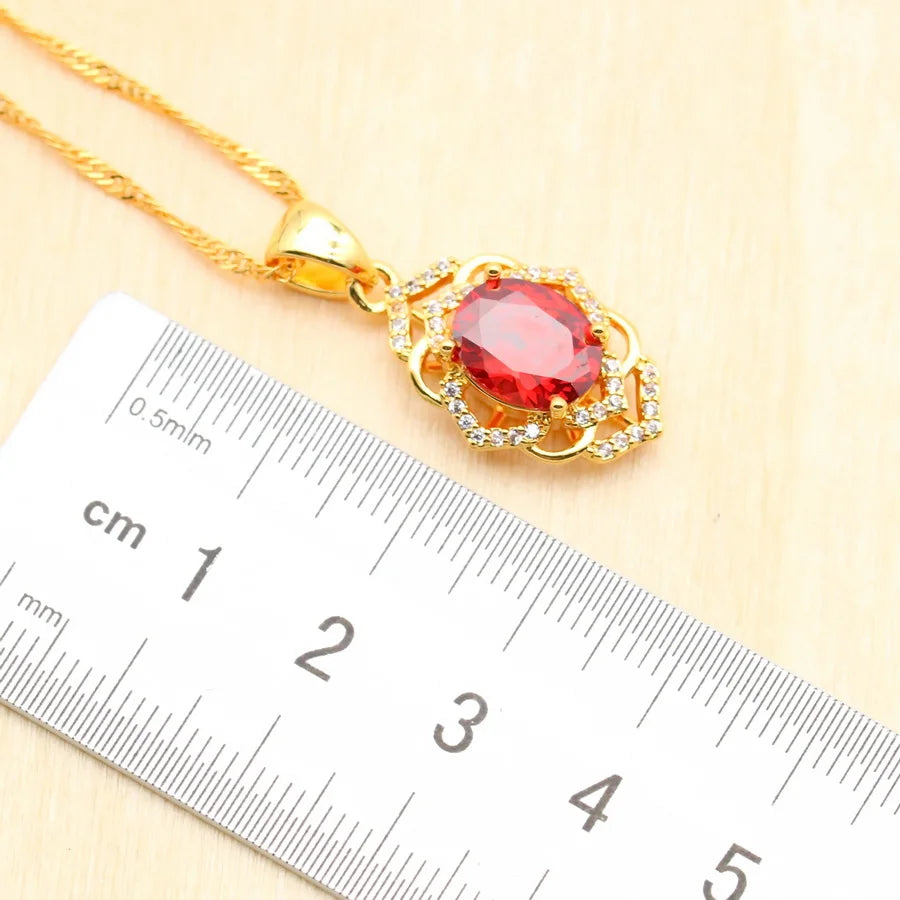 XOTICA 2023 New Red Cubic Zirconia Jewelry Set for Women Earrings Open Ring Pendent Necklace for Wedding or Engagement