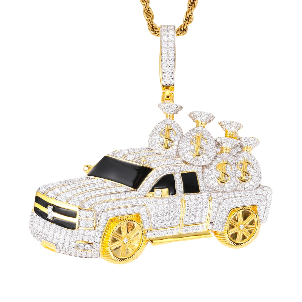 High Quality Hip Hop Jewelry 18K Gold Plated Brass AAAAA CZ Diamond Iced Out Pickup Truck Pendant with Money Bags