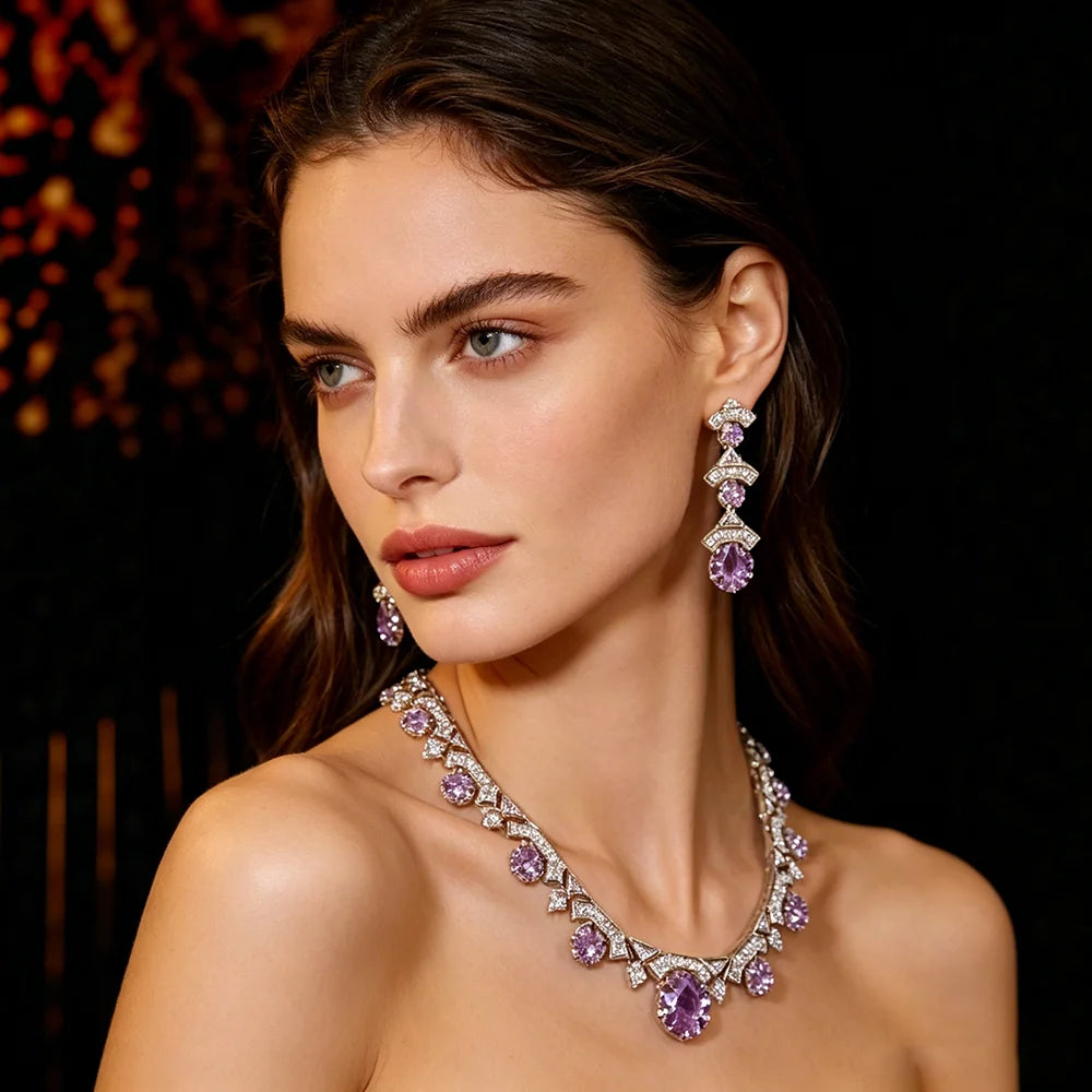 Luxury Cushion-Cut Purple Zirconia Floral Statement Necklace & Drop Earrings Bridal Set — Silver Plated