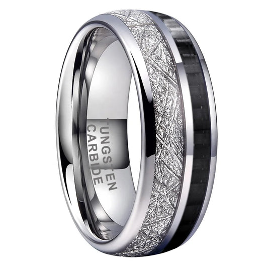 REBEL Coolstyle Jewelry 8mm Meteorite Carbon Fiber Inlay Tungsten Ring for Men Women Fashion Engagement Wedding Band