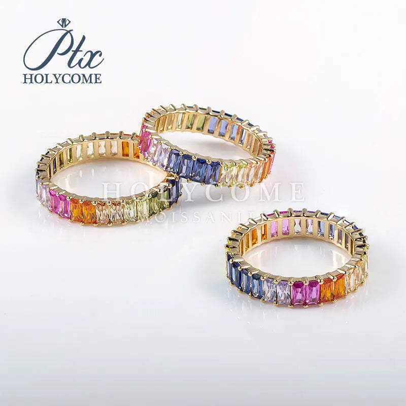 Gemfiori Real 18k Solid Gold Ring Colorful 3x5mm Rectangular Moissanite Diamond Women Ring Luxury Fashion Wedding Engagement Ring