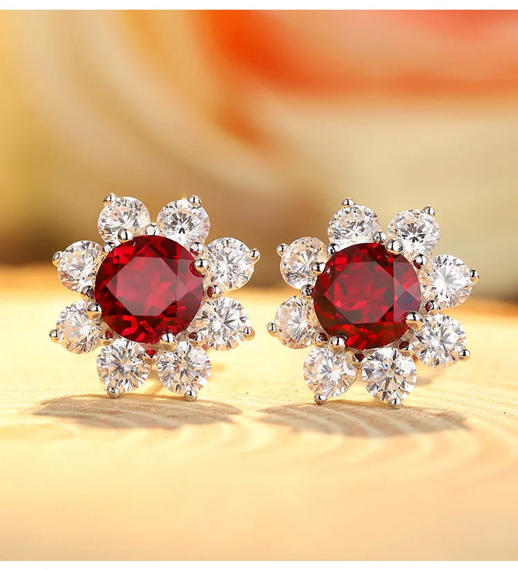 Gemfiori Factory Price Earrings with Great Discounts Vintage Flower Earrings Ruby 925 Sterling Silver Hoop Drop Earrings for GiftJewelry
