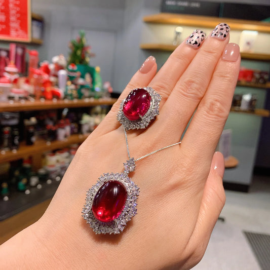 Gemfiori Fashionable and Exquisite Oval Pigeon Blood Red Gemstone Face Full of Zirconium Inlaid Ring Pendant Set Main Stone Jewelry