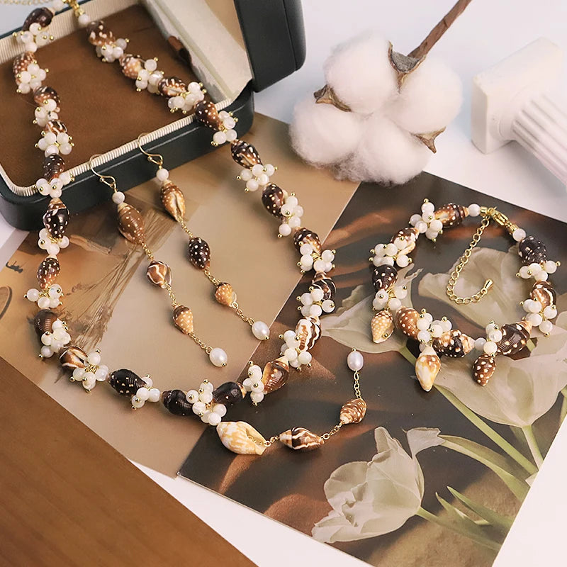 GLSEEVO Natural Freshwater Pearl & Seashell Beaded 3-Piece Jewellery Set — Necklace, Bracelet & Earrings