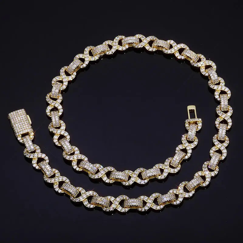 HY Trendy 10mm Geometric Square CZ Infinite Loop Hiphop Bling Bling Necklace Bracelet Set Gold Finish Fashion Sliver Cuban