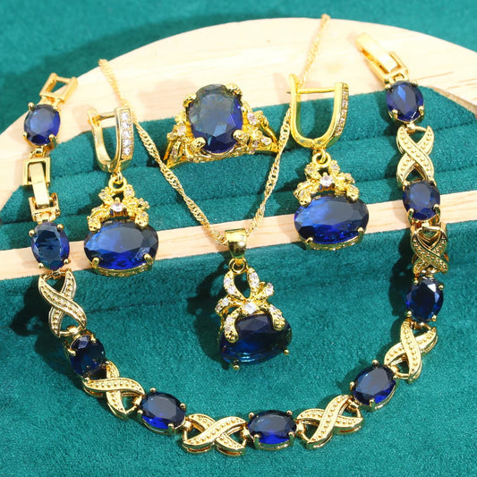 Exquisite Blue Zircon Bracelet Earrings Necklace Pendant Ring Set Gold Color Women's Wedding Jewelry for Parties Made of Alloy