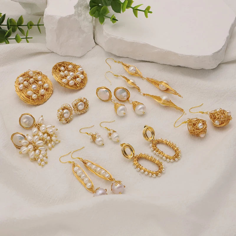 Natural Freshwater Pearls Metal Stud Earrings  Geometric Irregular  for Women Girl Gift Pearl Earrings Fashion Jewelry
