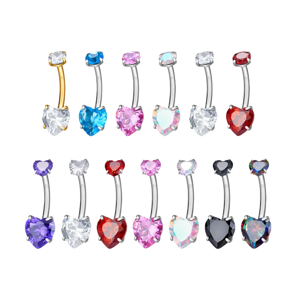 G23 ASTM F136 Titanium Navel Piercing 14G Belly Button Ring Double Heart Zircon Inlay Women Fashion Body Jewelry