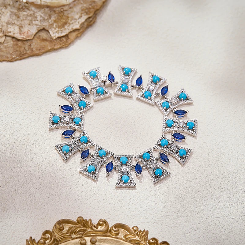 Women Boutique Jeweler Purchases Turquoise Blue Necklace Earrings Anti-oxidation Ring Bracelet Suitable for Banquet 4-piece Set