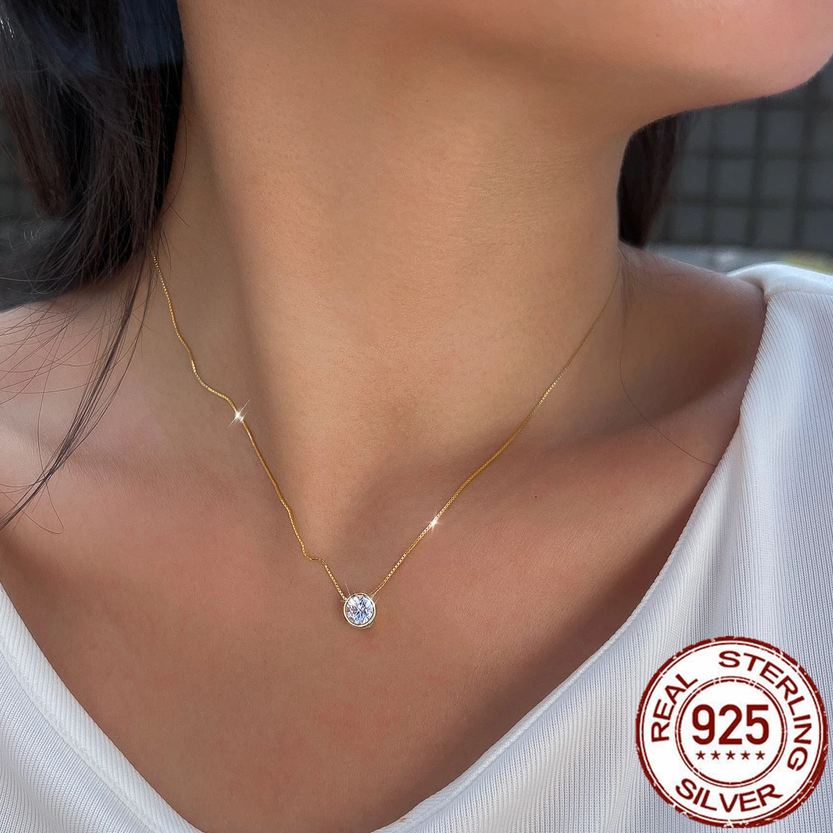 S&S 925 Sterling Silver 7mm CZ Round Pendant Necklace – Gold Plated – Collection