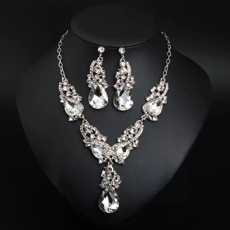 XM S368 Silver Plated Princess Cut Zircon Floral Statement Necklace & Drop Earrings Set
