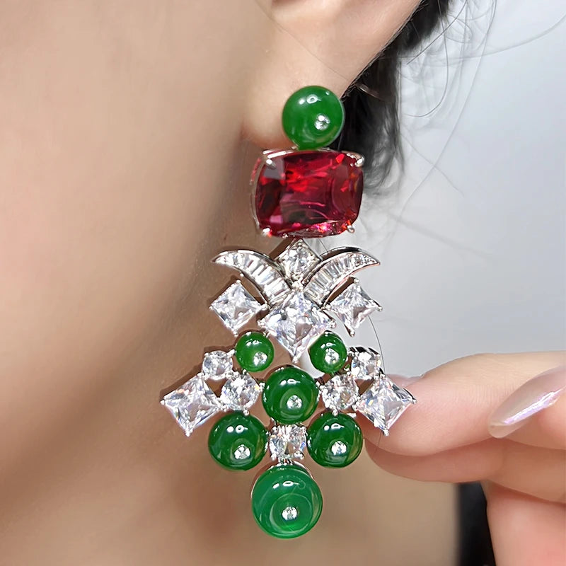 Women's High-end Red and Green Evening High-end Jewelry Set Inlaid with Zircon, Durable Brass Material, Non Oxidizing Banquet