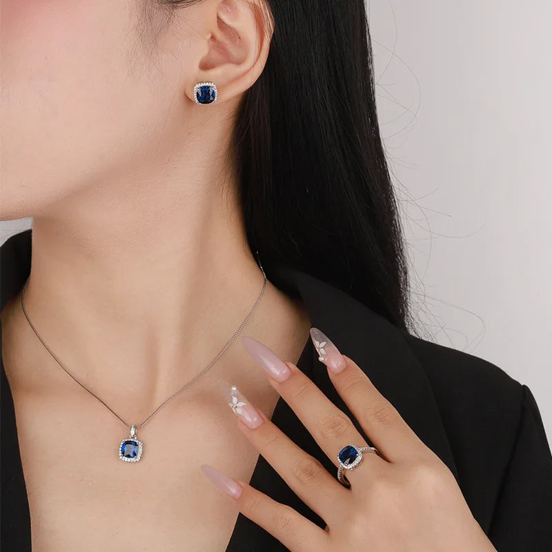 Gemfiori New Jewelry Brass Gold-plated Retro Simulation Blue Pointed Crystal Fat square Minimalist Style Set
