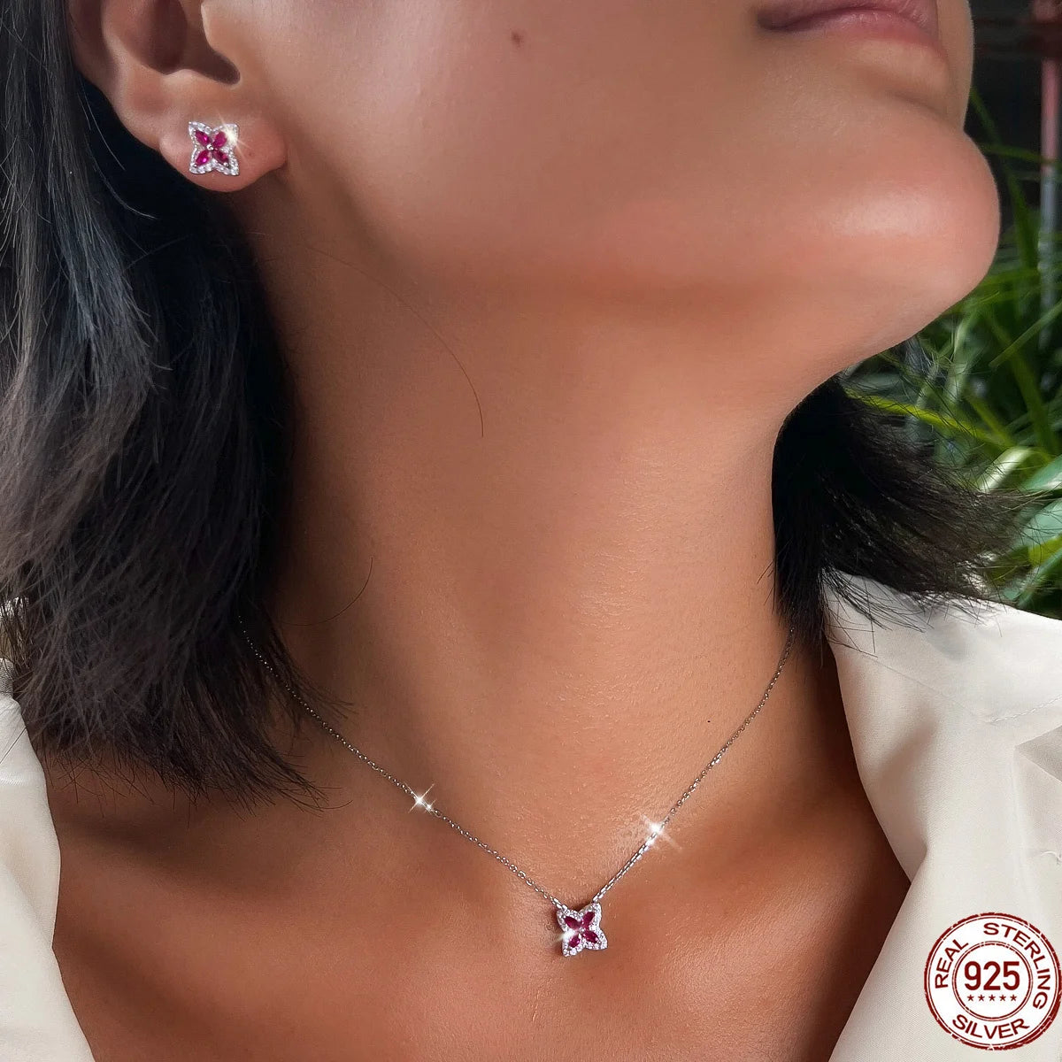 S&S 925 Sterling Silver Hot Pink Four-Leaf Clover CZ Jewellery Set – Necklace & Earrings – Collection