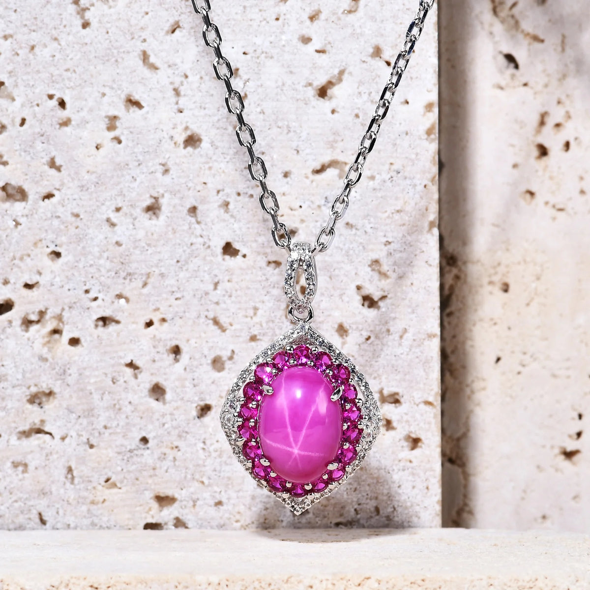 ArtistA C4028 Abiding Custom OEM/ODM Halo Ring Necklace Set Big Oval Shape Lab Grown Star Ruby Sapphire 925 Sliver Jewelry Set for Women