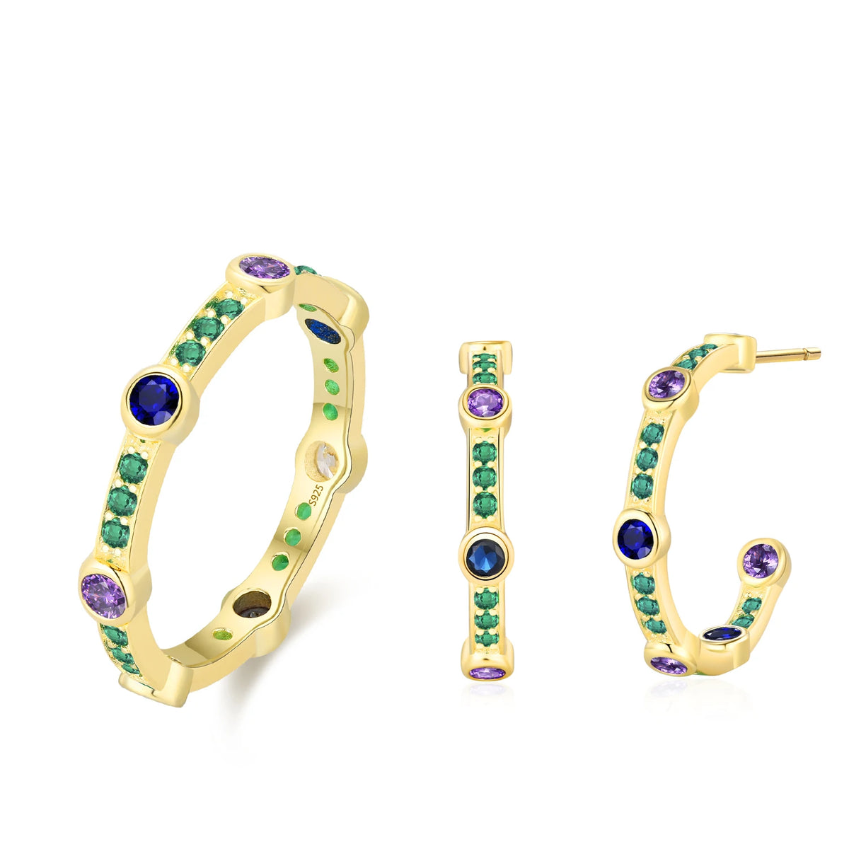 S&S Colourful Zircon Semi-Circular Ring & Earrings Set | 925 Silver Rhodium Plated | S&S Collection