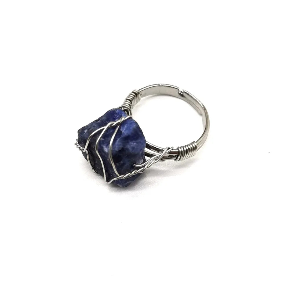 Men Women Large Stone Rings Wire Wrapped Crystal Resizable Gem Ring