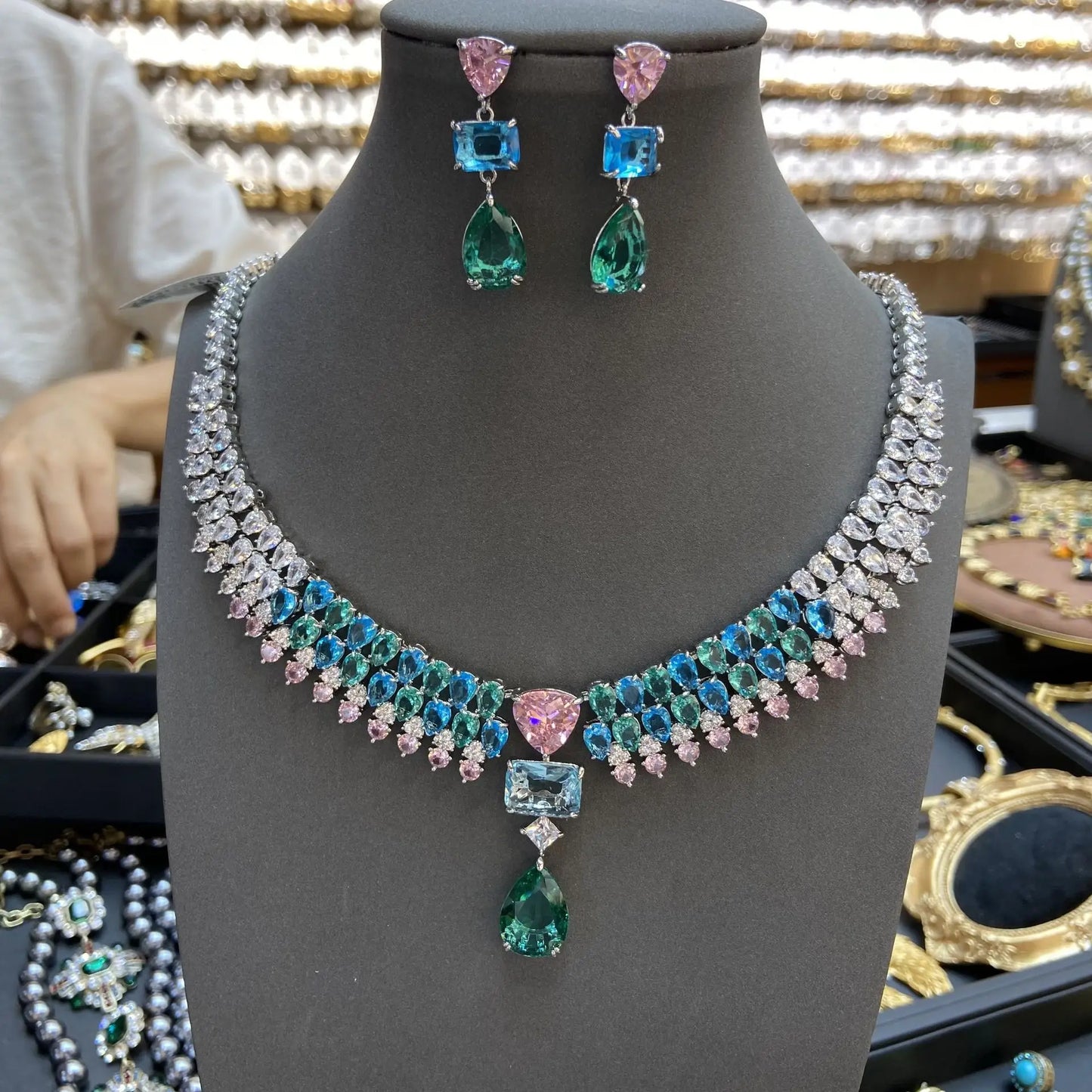 Luxury Bling Colorful Cubic Zirconia Necklace Earring Sets High Quality Dubai Wedding Bridal Jewelry Sets