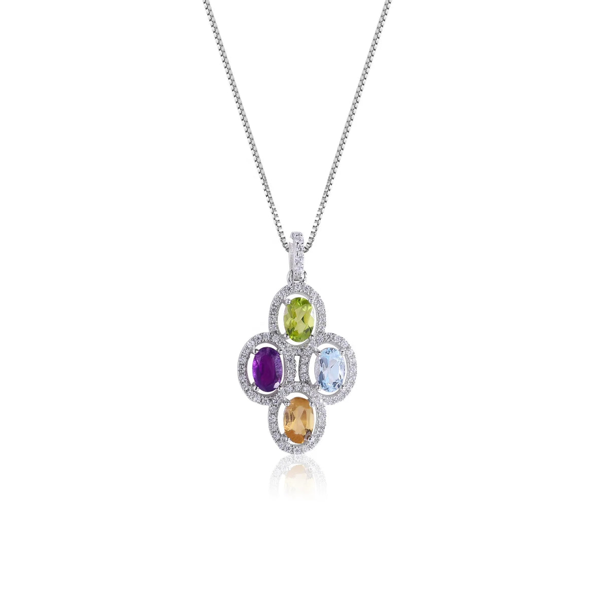 ArtistA Abding 925 Sterling Silver Natural Mix Gemstones Thailand Necklace Earrings Ring Clover-inspired Jewellery Set for Evening Party