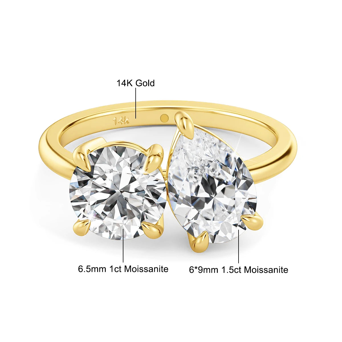 Gioiellieri Elegant 14K Gold Moissanite Diamond Ring Pass Diamond Tester Pear Heart Cut with Two Stones Unique Design for Women