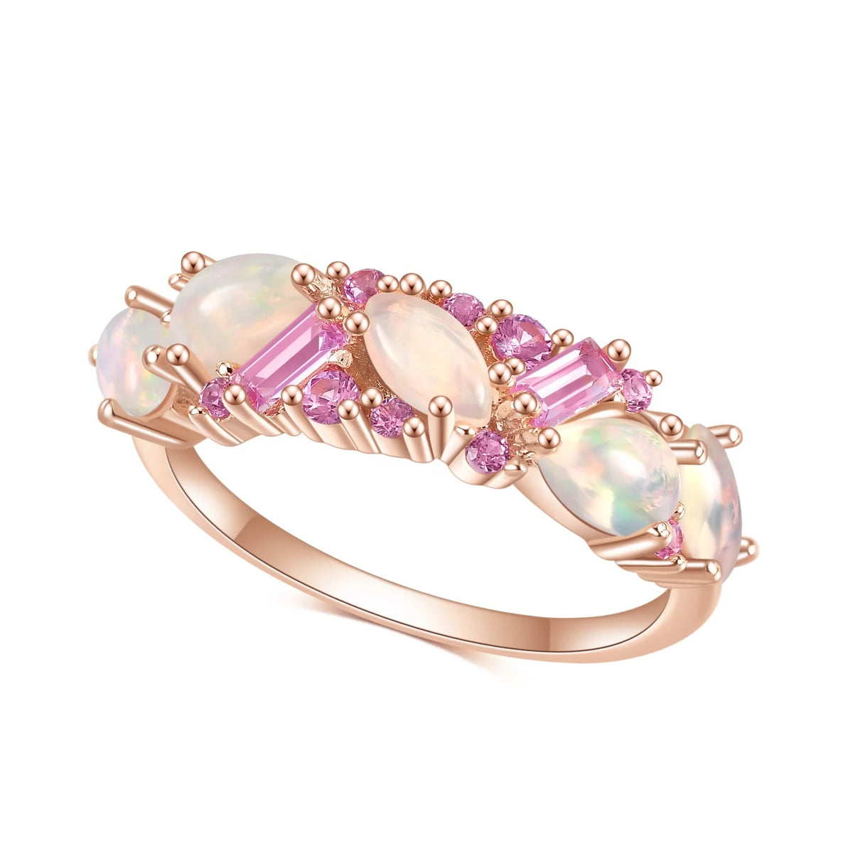 Gemfiori Abiding Factory Price Rose Gold Plated Stackable 925 Sterling Silver Curved Natural Stone African Ethiopian Opal Rings Bands