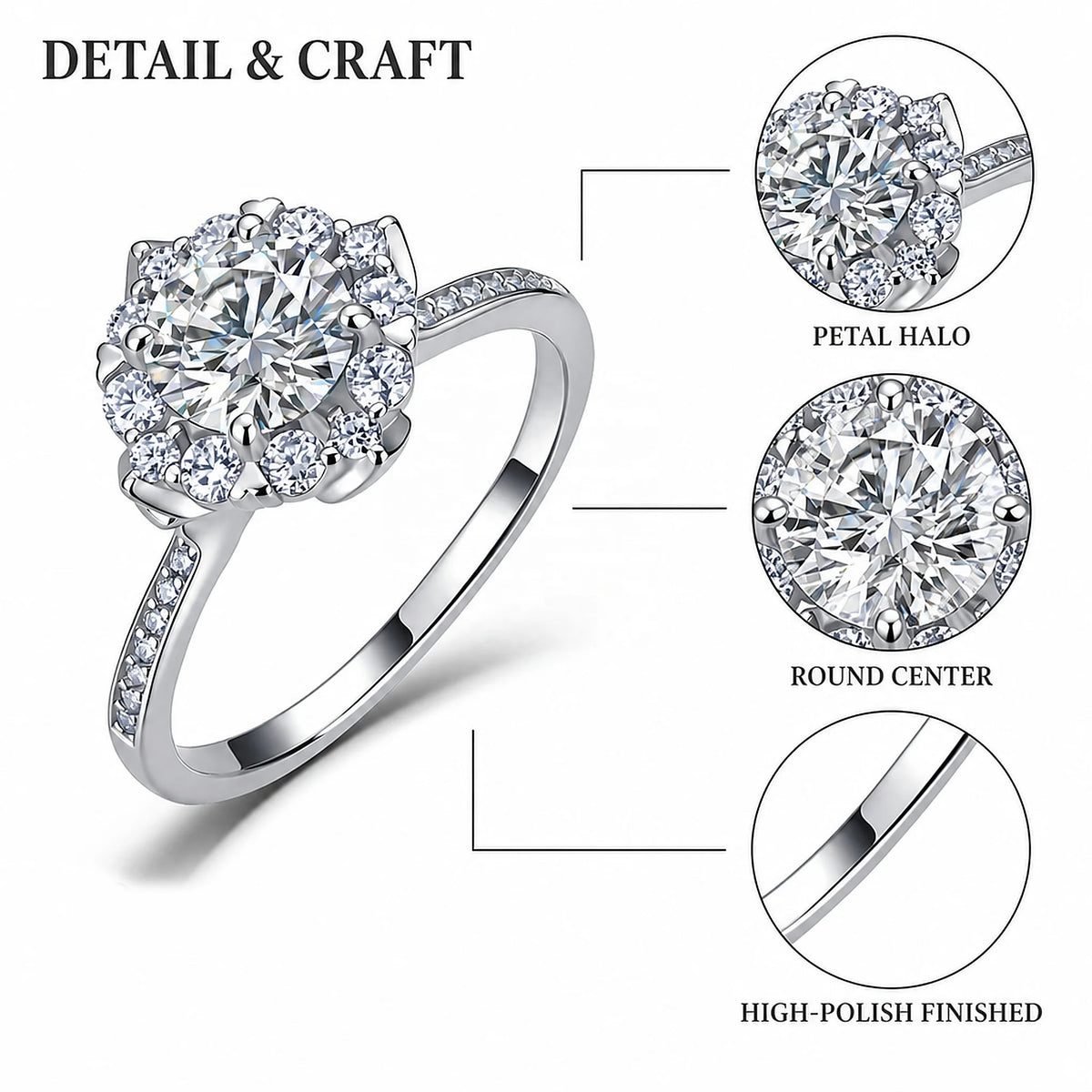 Gioiellieri Floral Petal Halo Round Lab Grown Diamond Ring 1.5Carat D VVS1 Half Pave Shoulders 9K 10K 14K 18K Gold Premium Gift Jewelry