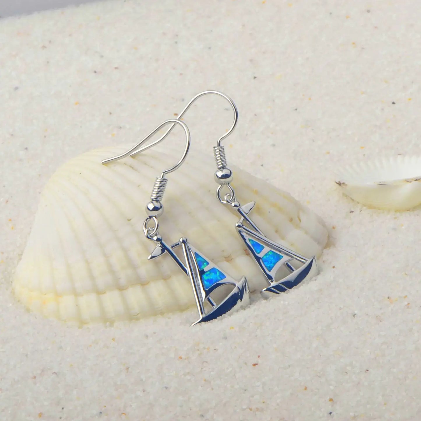 Nautical Sailboat Opal Drop Earrings - Blue Fire Opal Sail & Sleek Yacht Design | Beach-Chic Daily Jewelry Bulk Gifts
